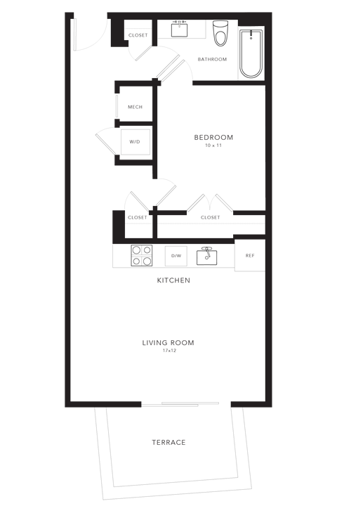 Floor plan for 1 bed, 1 bath, 585 sqft